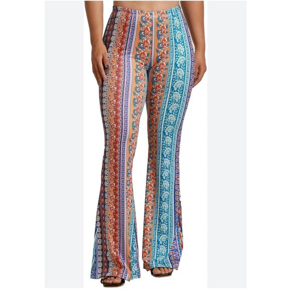 Flare Leggings Boho Bell Bottoms 70's Hippie Pants Multi Pattern Womens Medium - Picture 1 of 7